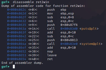 image of disassembled ret2win function inside of gdb