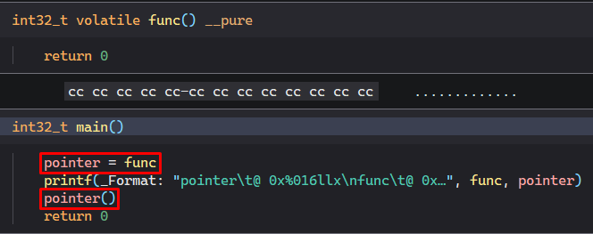 Image of binary ninja decompilation of example main function. Hijacking the "pointer" global variable