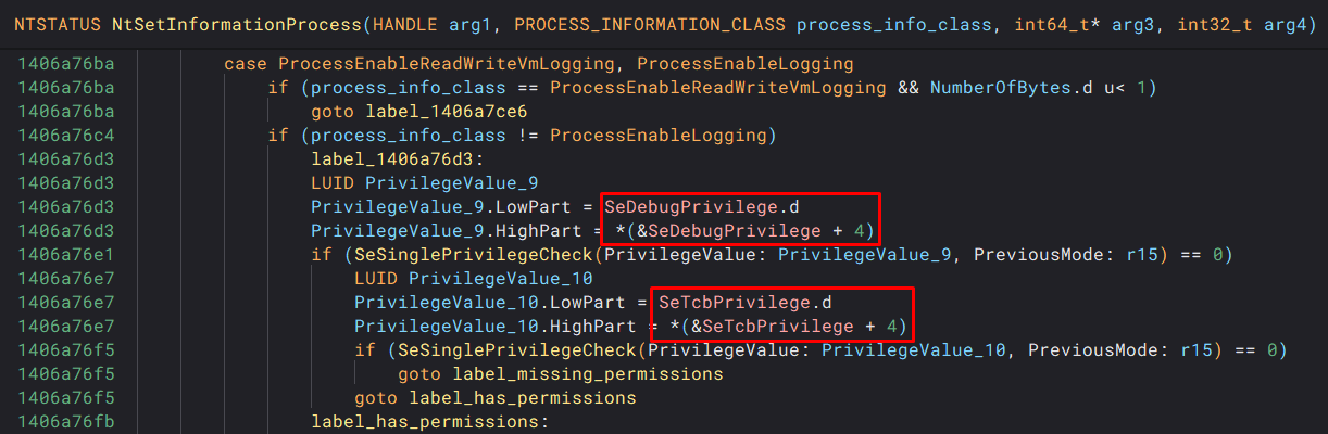 image of binary ninja decompilation of NtSetInformationProcess