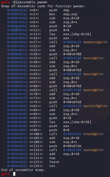 image of disassembly of the pwnme method inside gdb