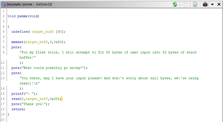 image of the pwnme function decompiled in ghidra