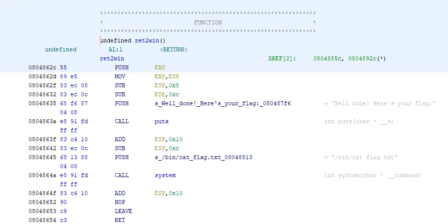 image of disassembly of the ret2win function using ghidra