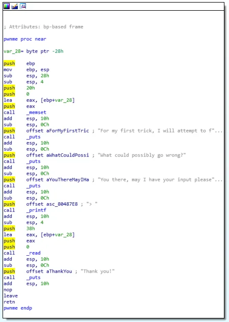 image of the pwnme function disassembly in IDA