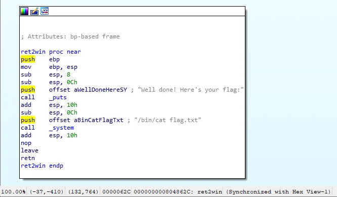 image of disassembly of the ret2win function using IDA