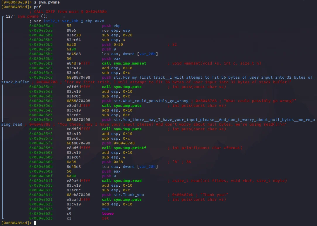 image of disassembly of the pwnme method inside radare2