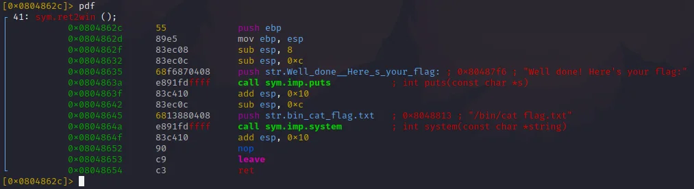 image of disassembly of the ret2win function using radare2