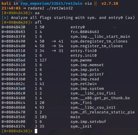 radare2 showing all functions inside the binary